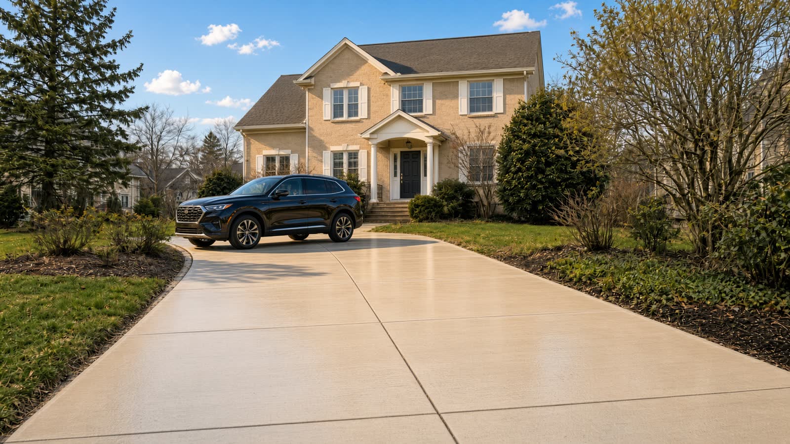 Freshly pressure-washed concrete driveway in afternoon sun