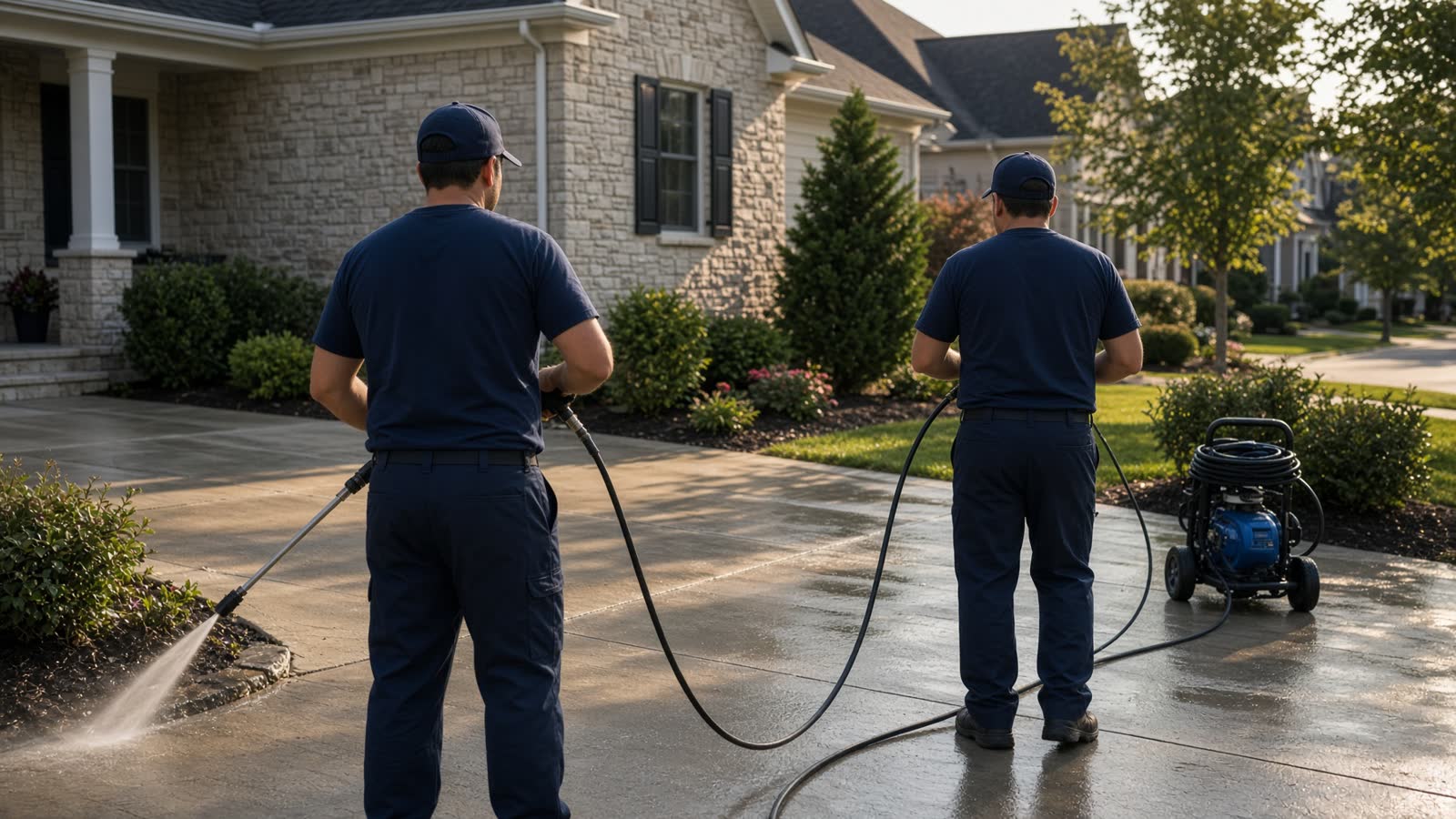Two A & R technicians pressure washing a suburban driveway, seen from behind