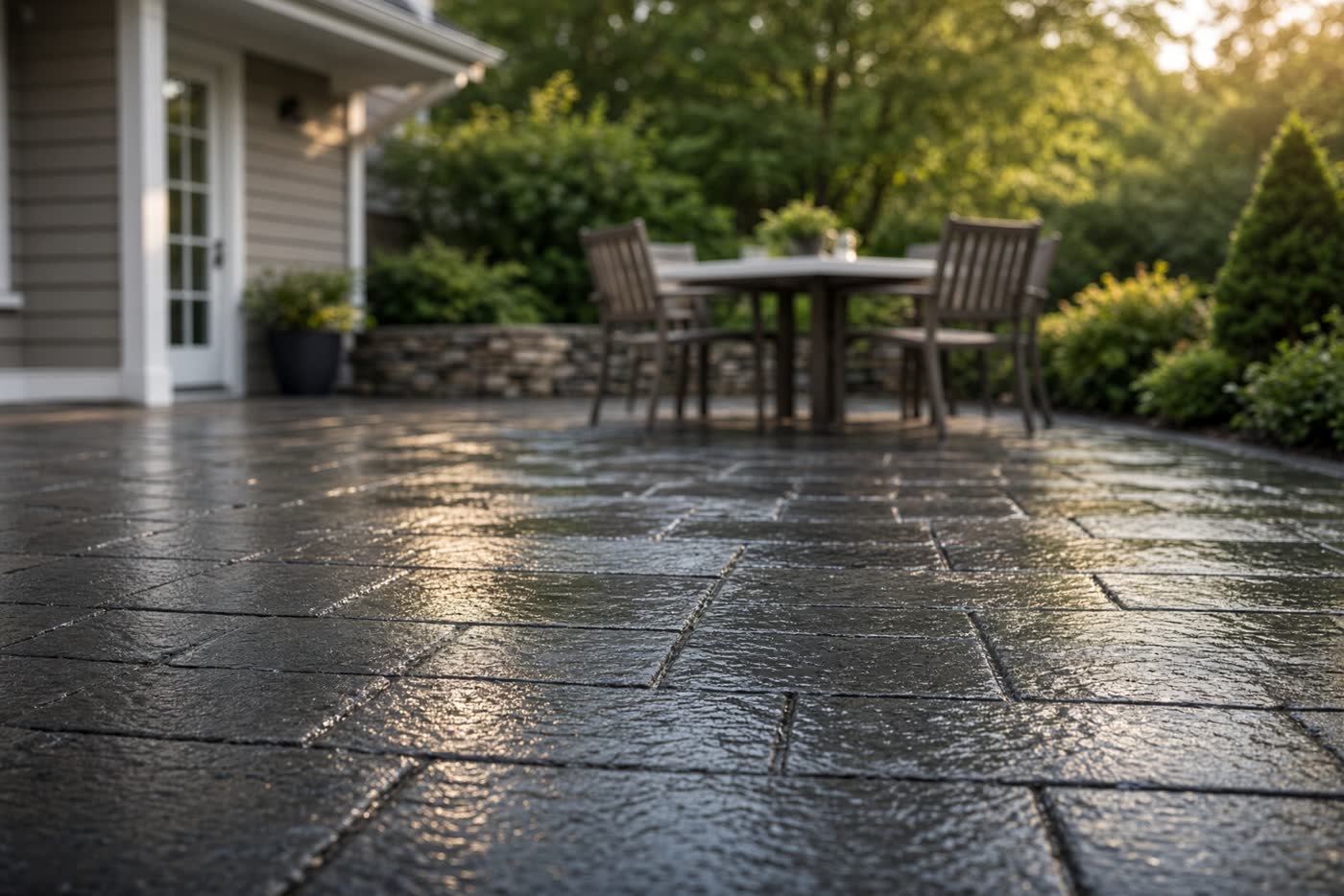 Freshly washed stone patio still wet from pressure washing